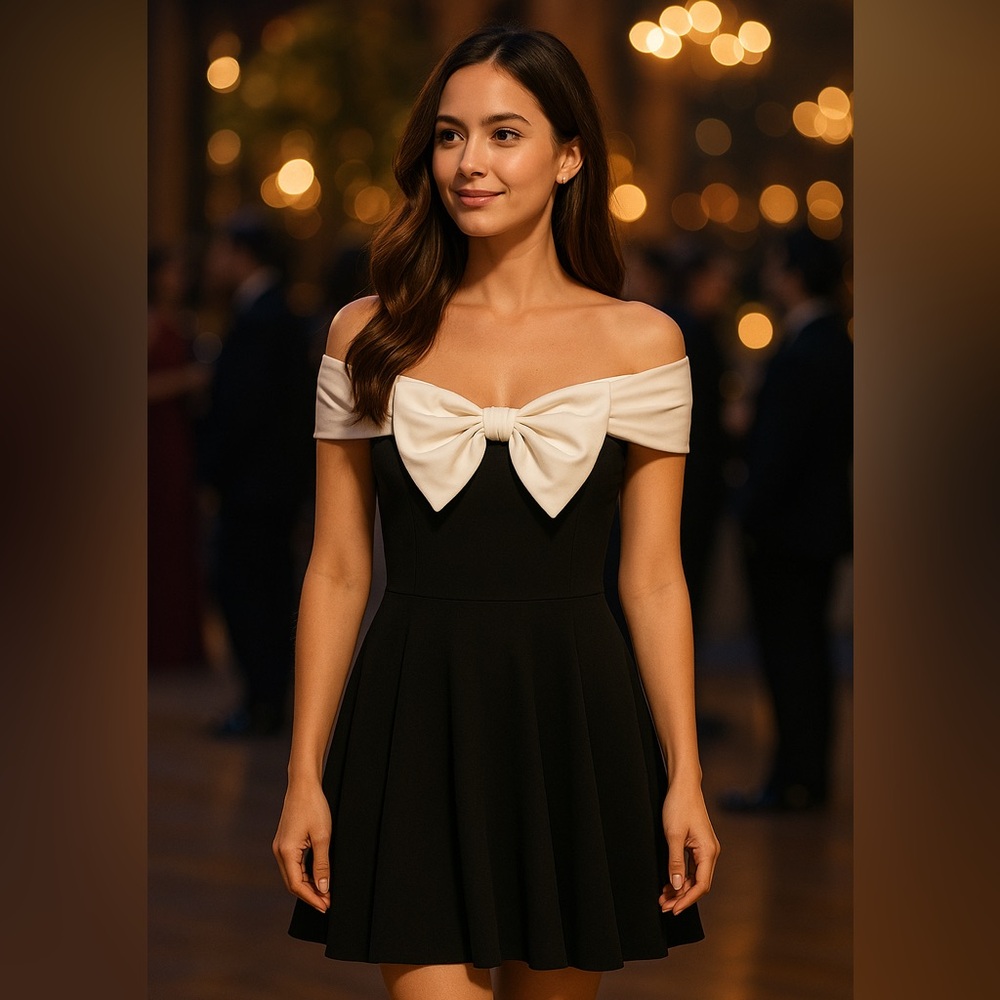 Elegant Black Off-Shoulder Dress with White Bow